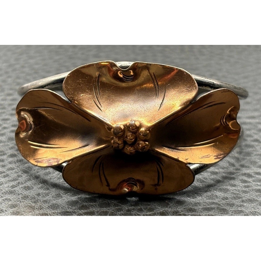 VTG NYE Sterling Silver Copper Dogwood Flower Blossom Cuff Bracelet Mixed Metal - Picture 3 of 12